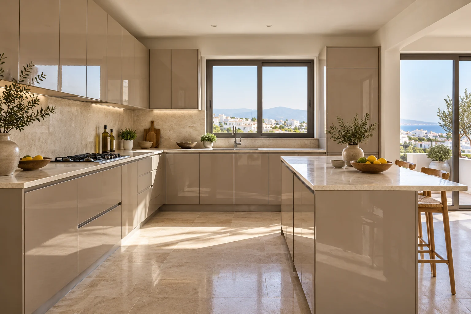 Concept de cuisine aux façades taupe brillantes, éclairées naturellement.