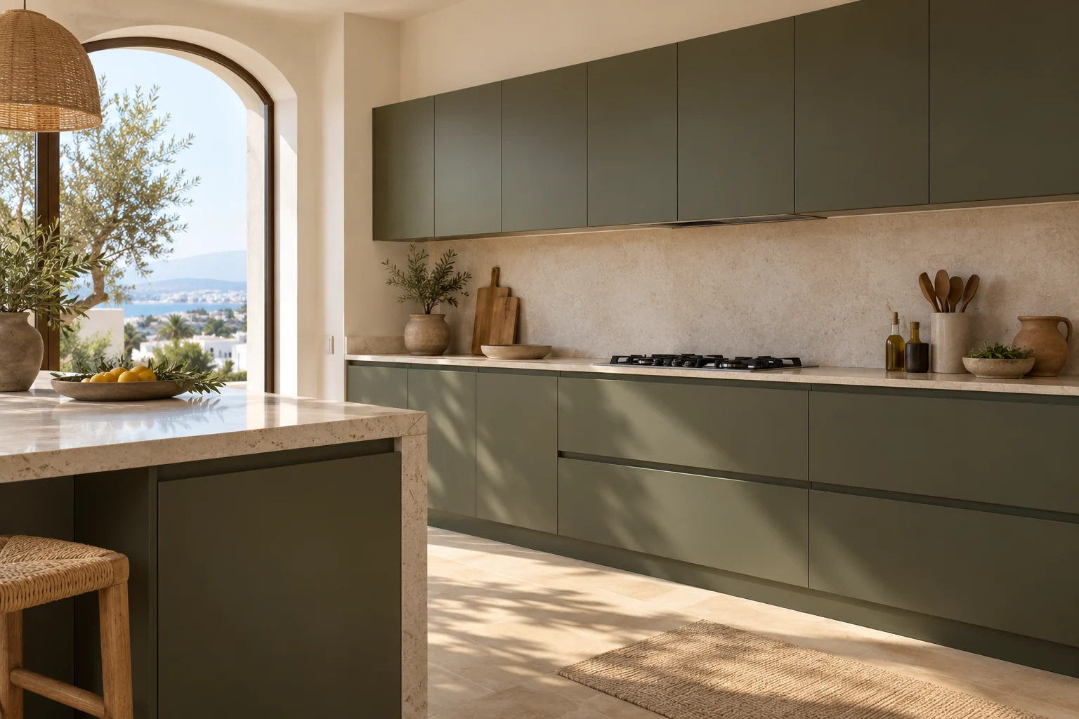 Concept de cuisine Arco avec façades planes laquées charbon olive et prises en main intégrées.