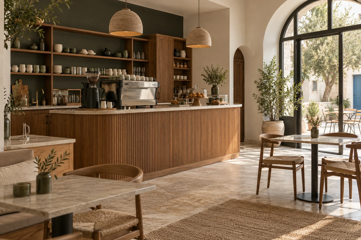 Concept de café contemporain avec comptoir en bois et mobilier intégré.