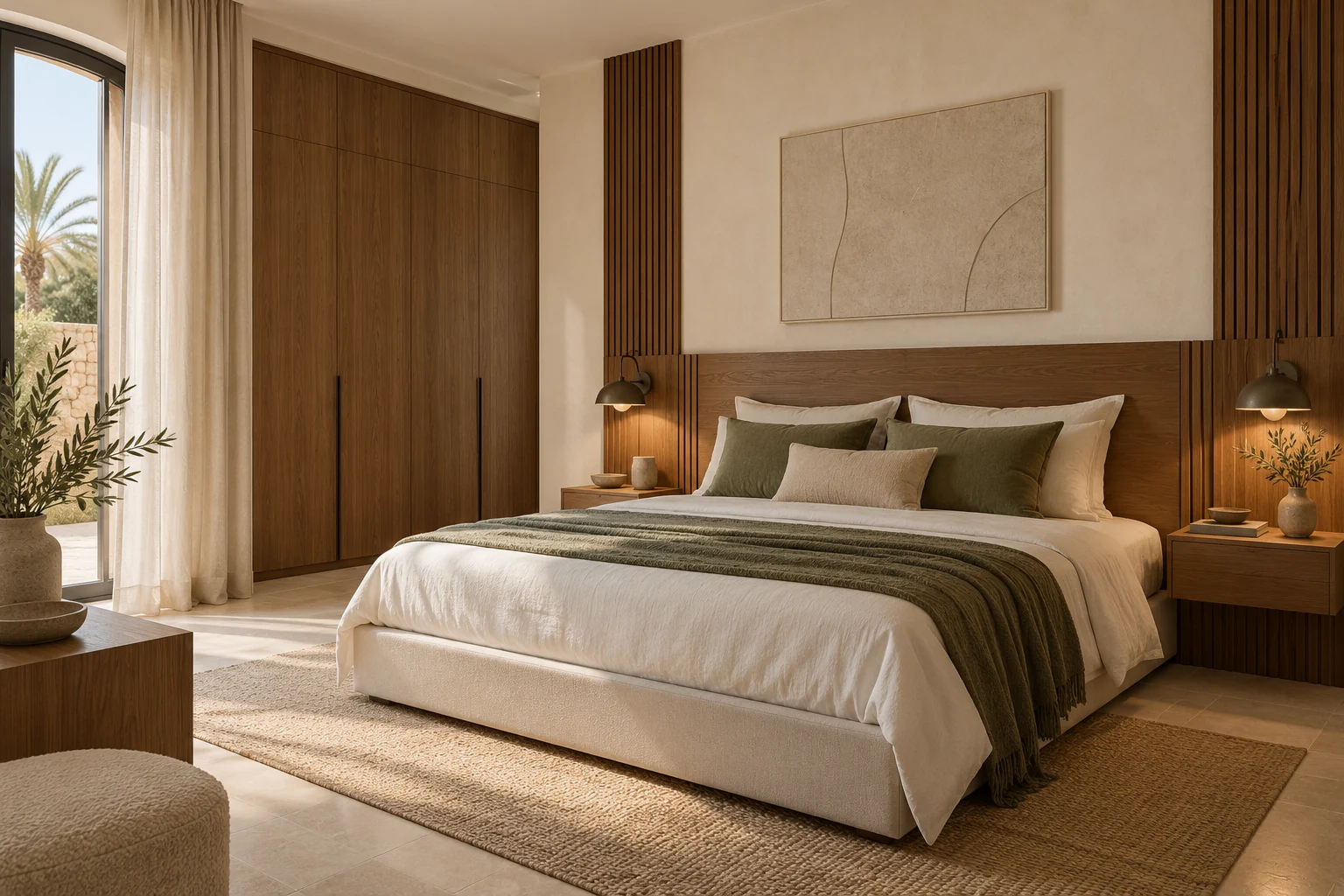 Concept de chambre à coucher avec tête de lit et chevets intégrés en bois et rangement sur mesure.