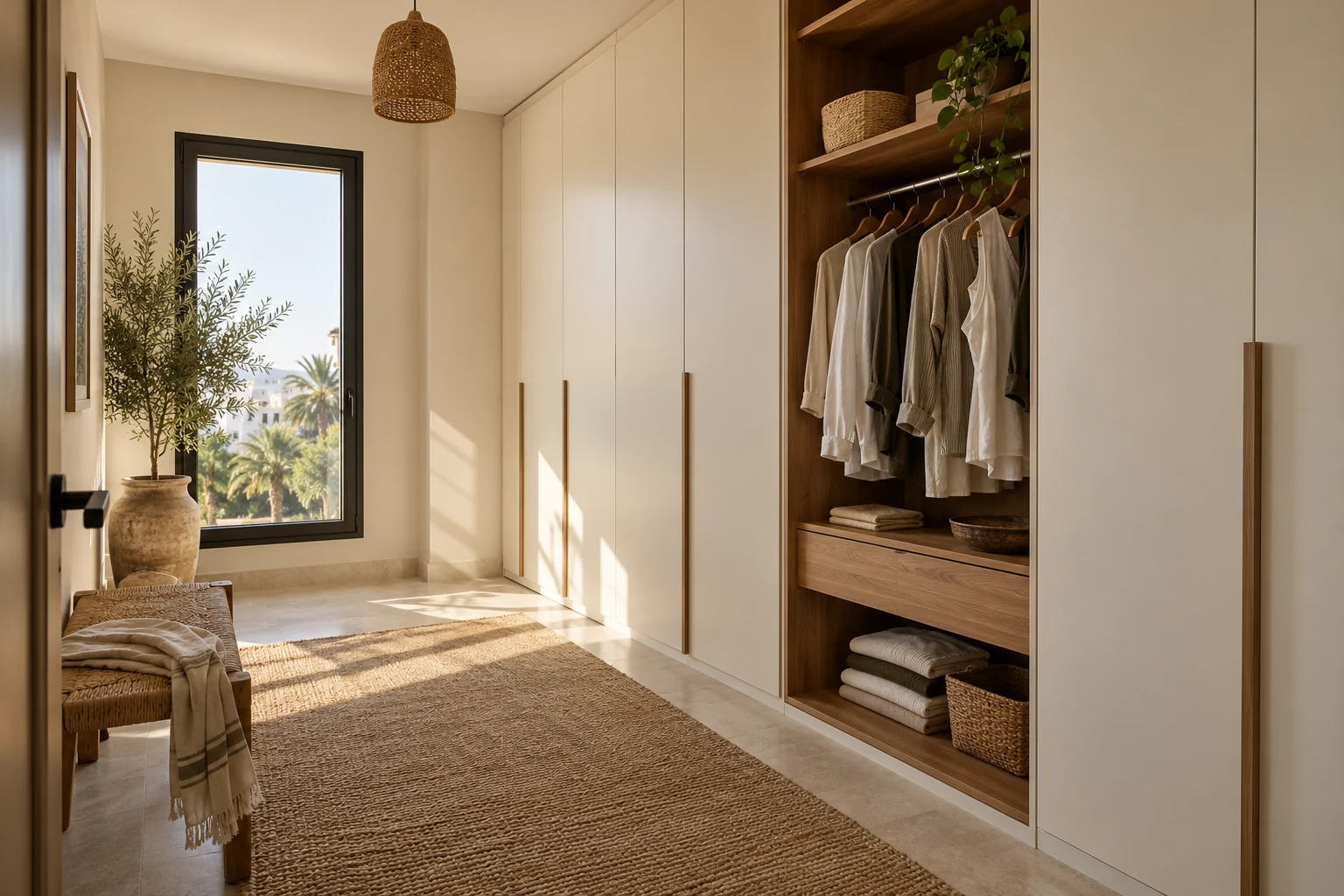 Concept de dressing contemporain mêlant portes ivoire, bois chaleureux et modules ouverts.
