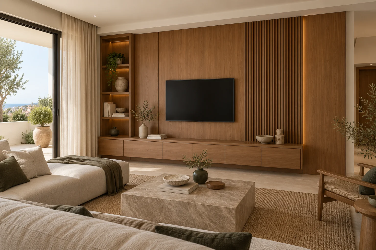 Concept de séjour avec habillage mural en bois, panneaux lisses et rainurés et console intégrée.