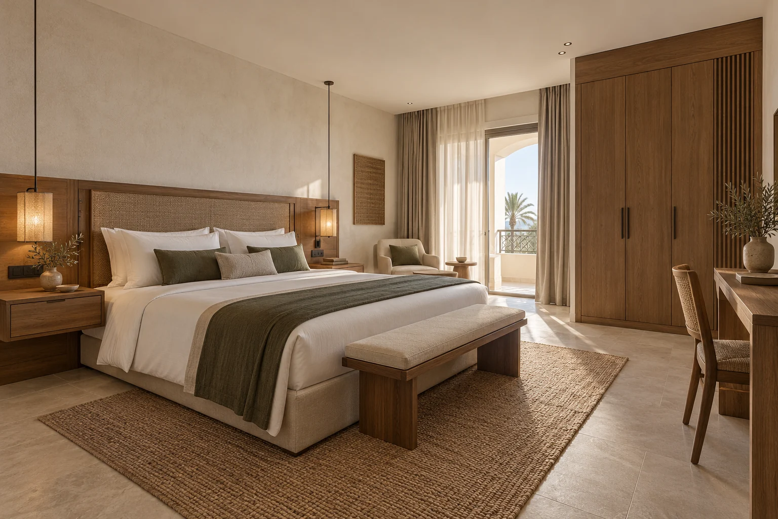 Concept de chambre d’hôtel avec tête de lit en bois, armoire et bureau intégrés.