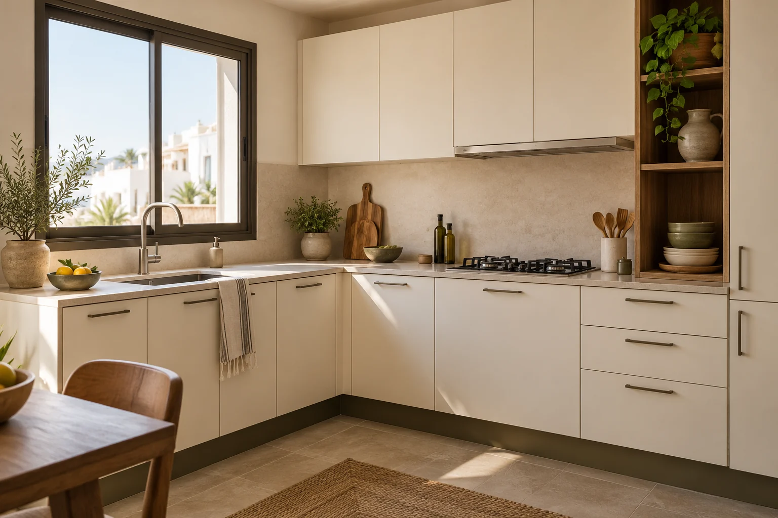 Concept de cuisine compacte en L, façades mates ivoire et poignées rapportées.