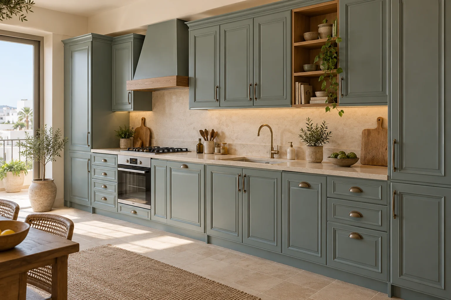 Concept de cuisine Vintage bleu-vert, portes à cadre en relief et poignées coquilles métalliques.